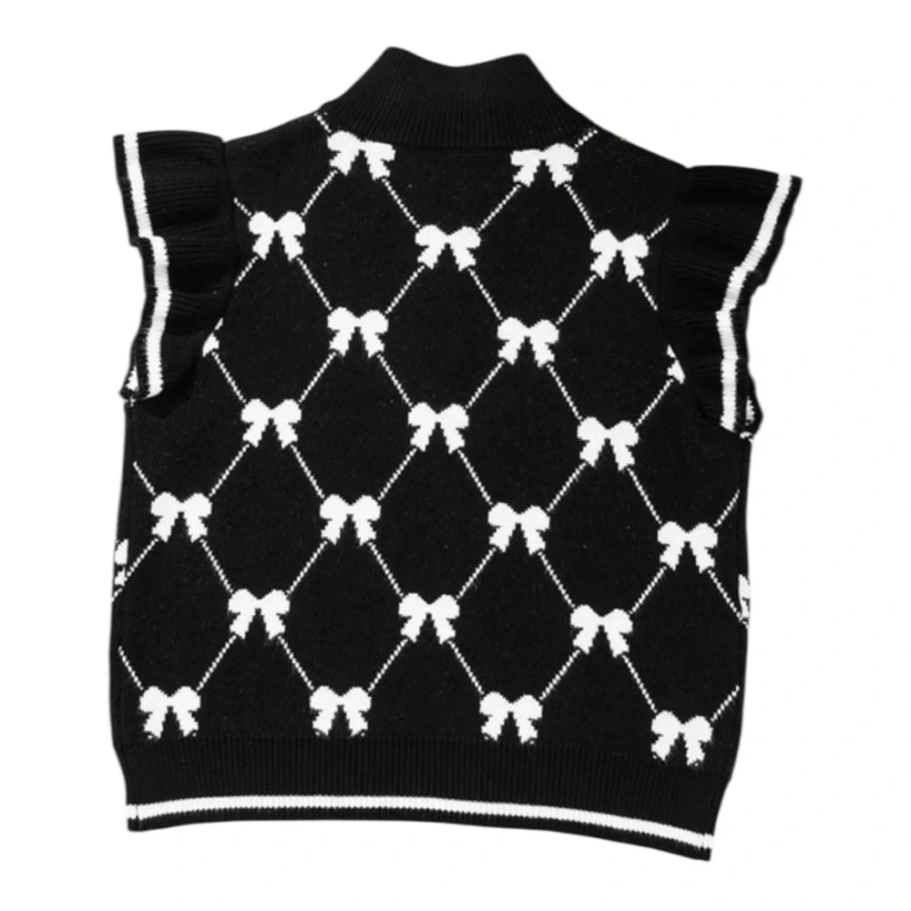 S113 Bow Print Ruffle Cap Sleeve Soft Zip Mock Neck Convertible Lapel Sweater - Picture 4 of 6